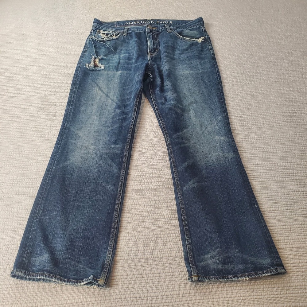 American Eagle Bootcut Jeans Mens 36x32 Blue Distressed Whiskered Denim